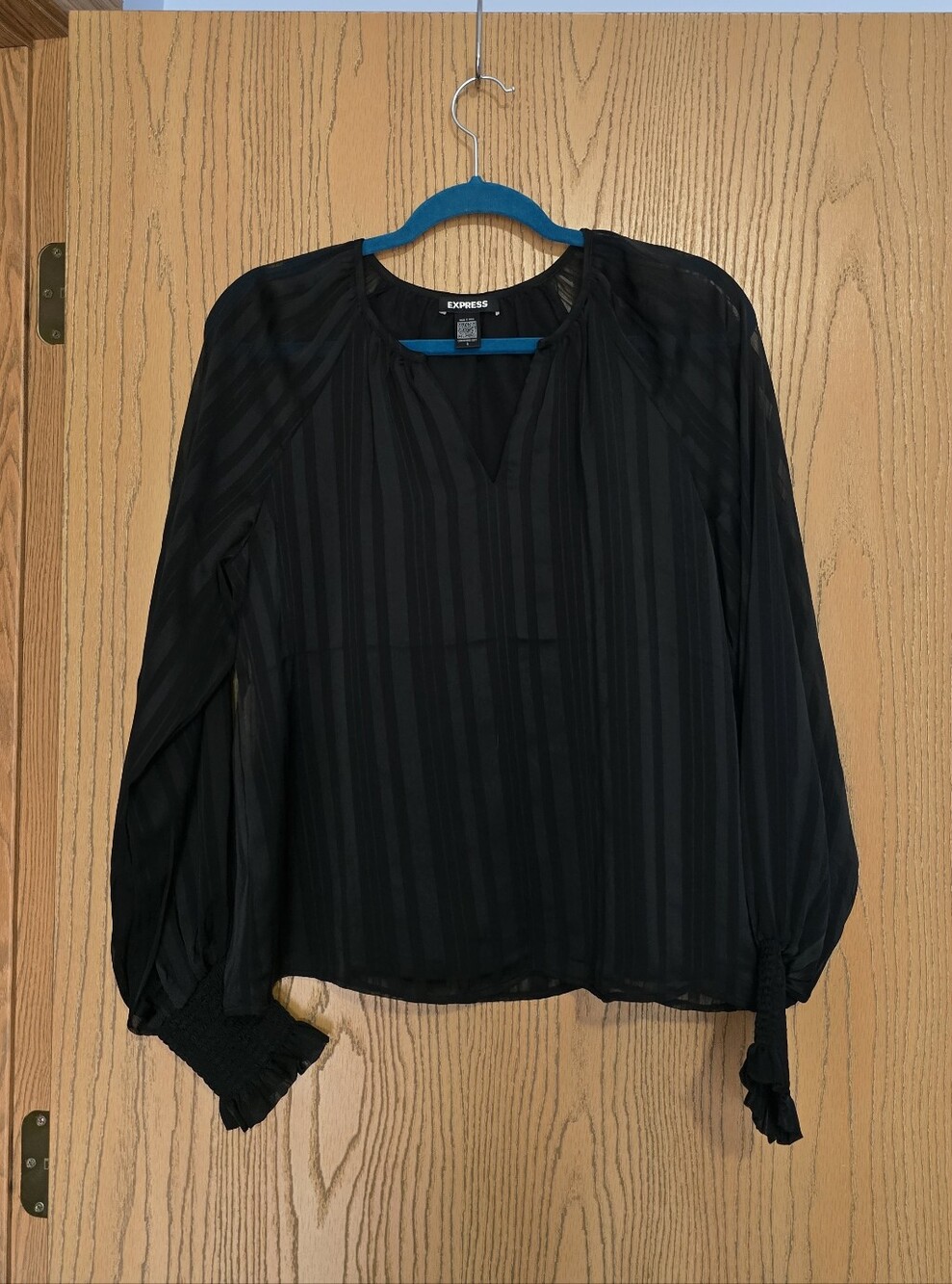 Express Black Semi-Sheer Long-Sleeve V-Neck Blouse